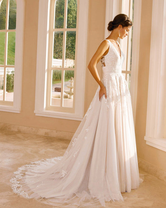 sleeveless v-neck lace tulle chapel train wedding dress - image 1