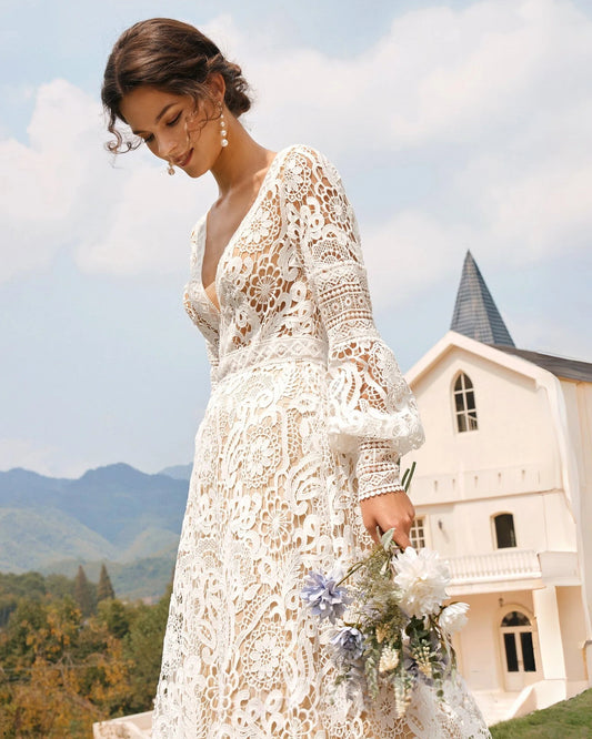 boho bishop sleeve crochet lace wedding dress - image 1