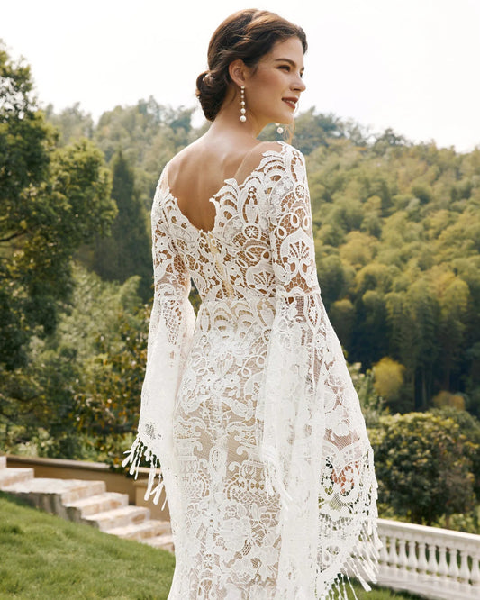 fringe bell sleeve lace mermaid wedding dress - image 1