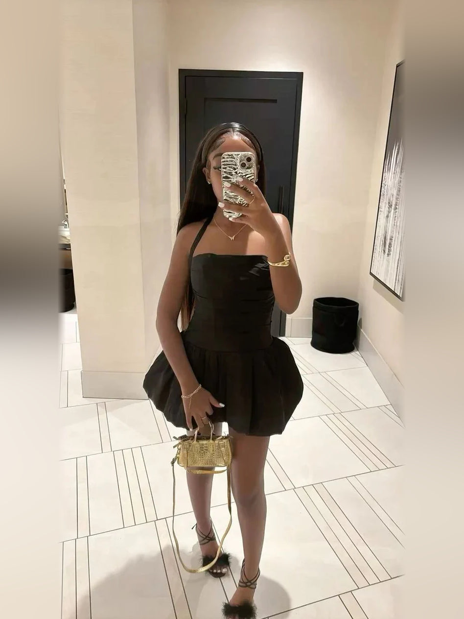 Black mini homecoming dress, alternate view showing the full-length silhouette