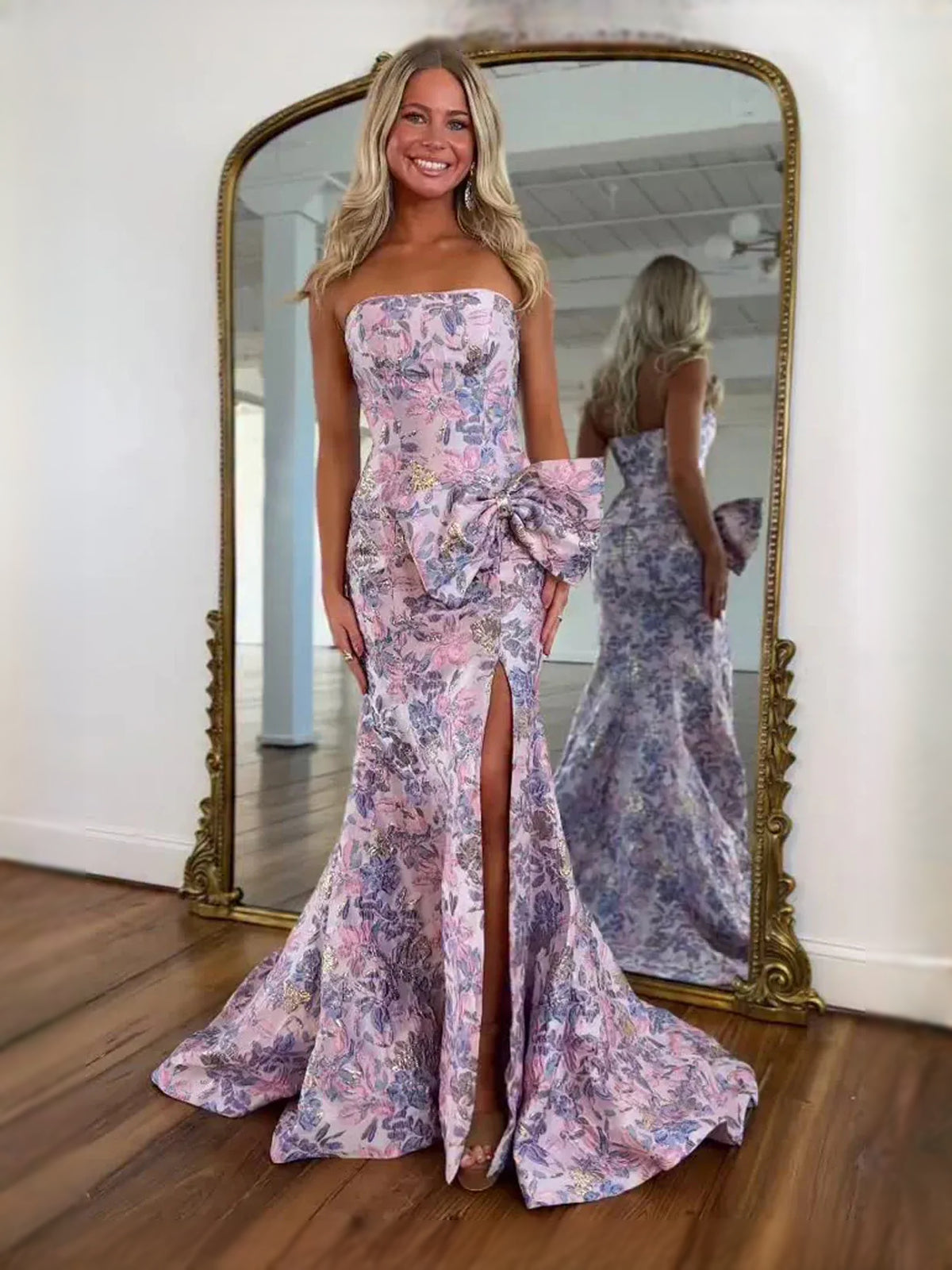 Floral maxi prom dress, front view showing the mermaid silhouette