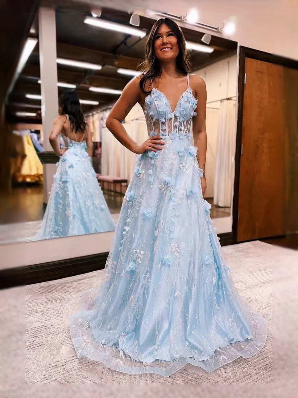 Sky Blue maxi prom dress, front view showing the a-line silhouette