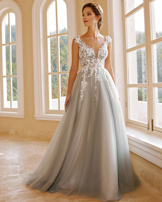 cap sleeve v-neck lace applique a-line wedding dress - image 2