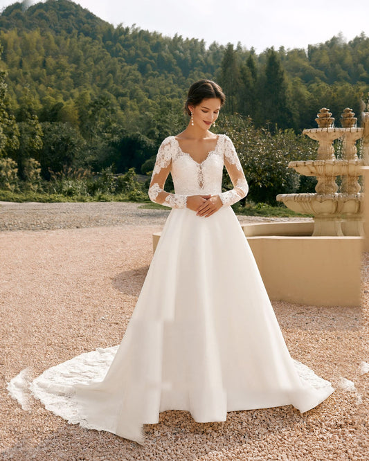 long sleeve lace bodice satin a-line wedding dress - image 2