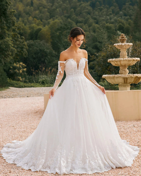 off-shoulder lace sleeve tulle wedding ball gown - image 2