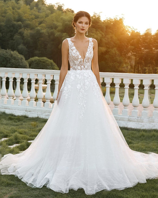 plunging v-neck lace tulle ball gown wedding dress - image 2