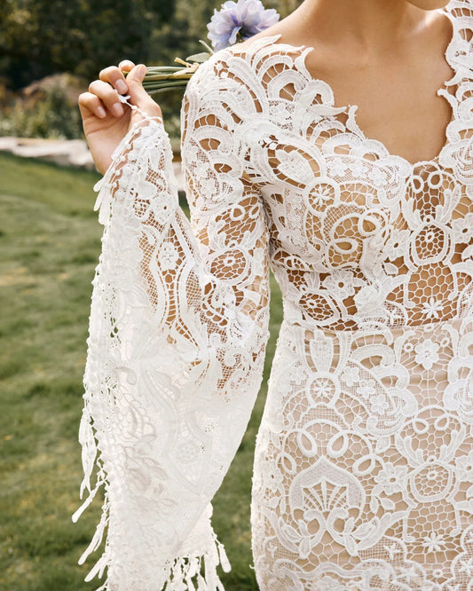 fringe bell sleeve lace mermaid wedding dress - image 2
