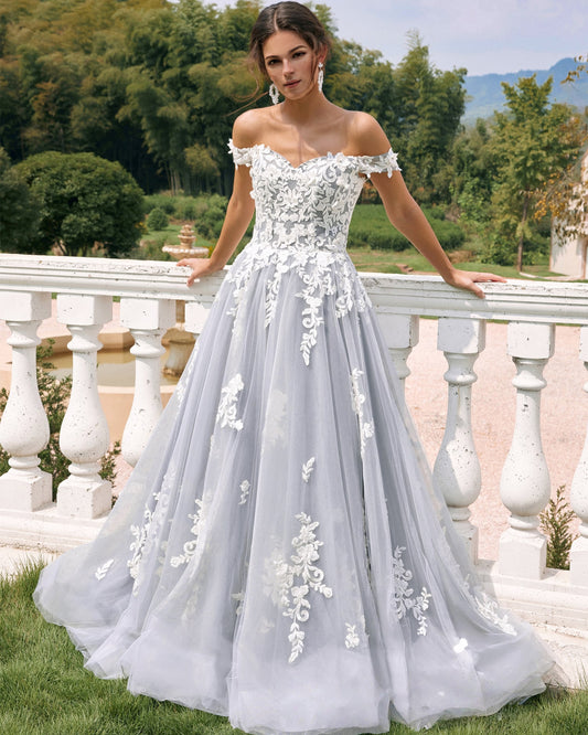 off-shoulder lace applique tulle ball gown wedding dress - image 2