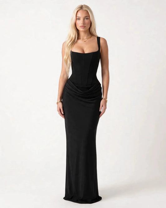 black square neck satin sheath formal dress with corset bodice - image 2