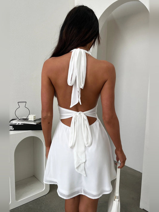 Ivory white mini homecoming dress, back view showing the rear of the dress