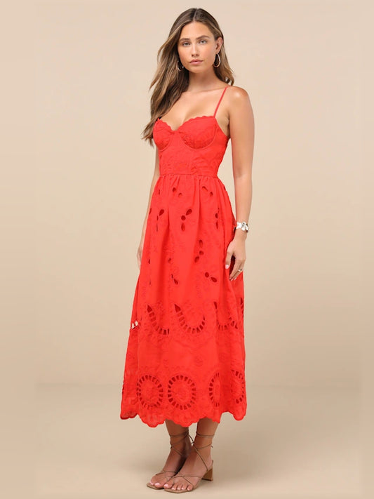 Red midi formal dress with embroidery, alternate view
