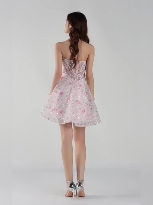 Light Pink mini homecoming dress, back view showing the rear of the dress