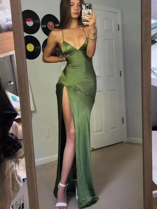Green floor-length prom dress, back view showing the rear of the dress