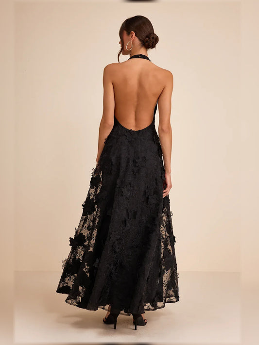 Black a-line maxi formal dress with floral appliqué, alternate view