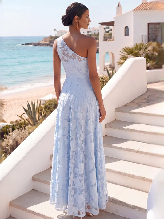 Light Blue maxi bridesmaid dress, alternate view showing the bodice and skirt