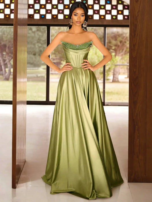 Dusty Sage maxi prom dress, alternate view showing the bodice and skirt
