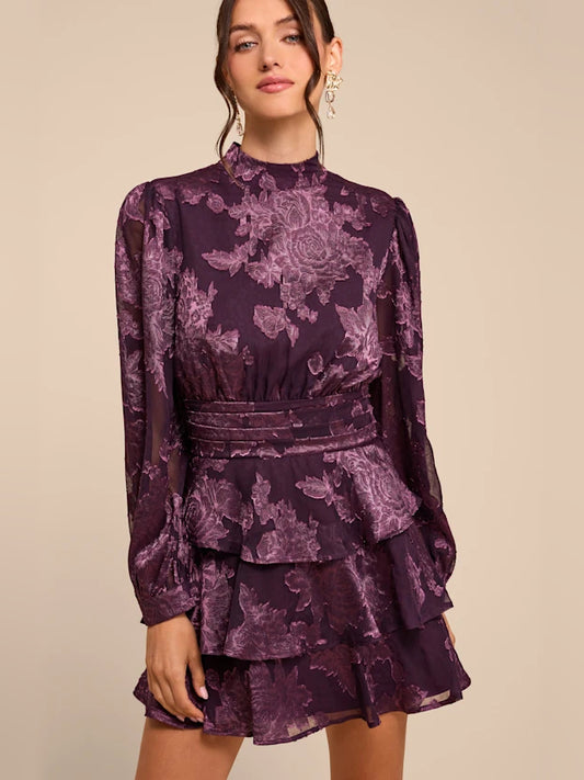 Purple Floral mini homecoming dress, alternate view showing the bodice and skirt