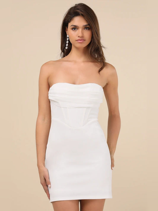 White mini homecoming dress, alternate view showing the bodice and skirt