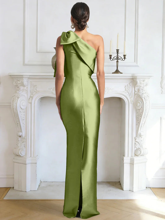 Olive Green mermaid floor-length formal dress with bow detail, alternate view