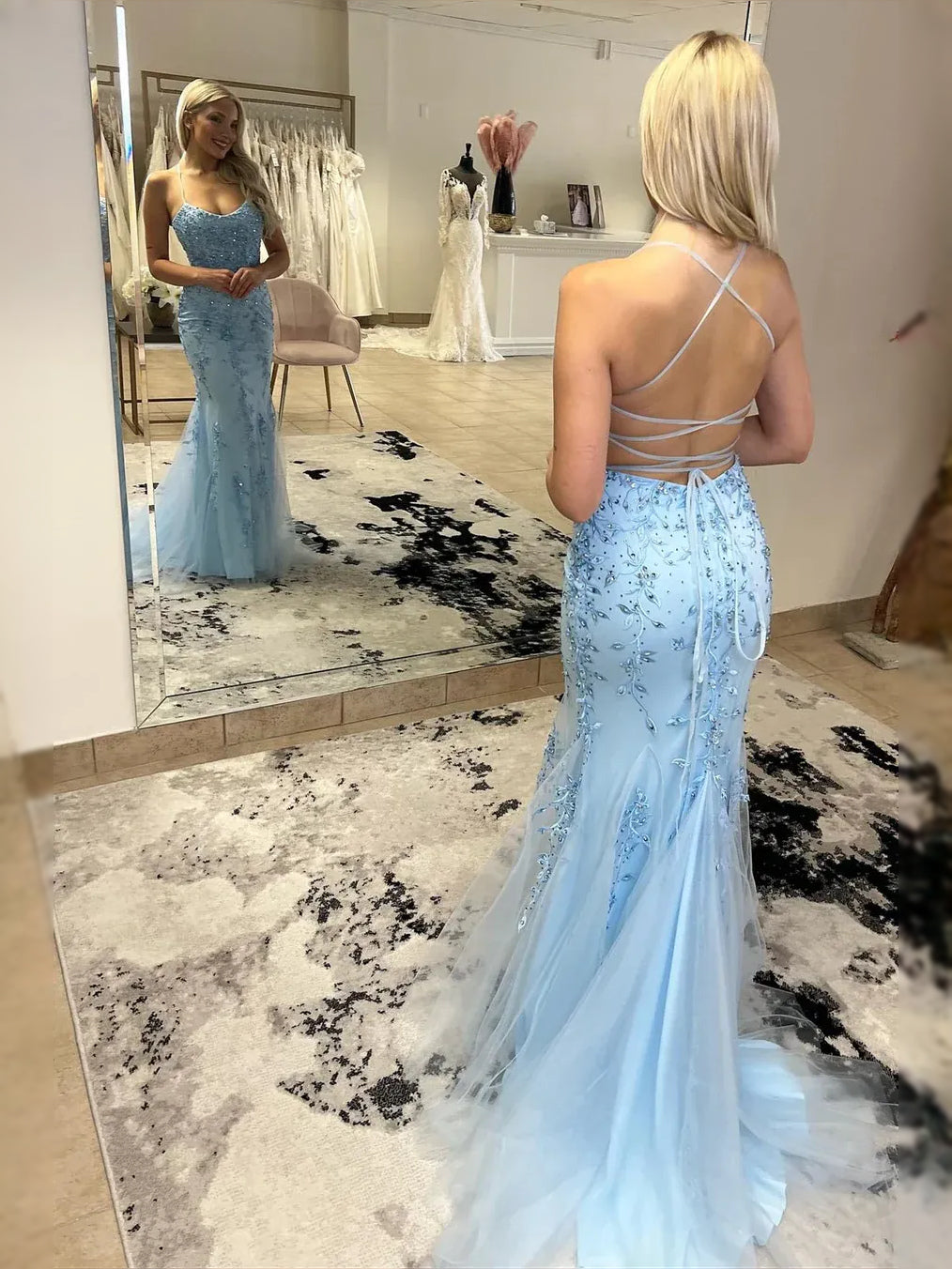 Light Blue maxi prom dress, alternate view showing the bodice and skirt