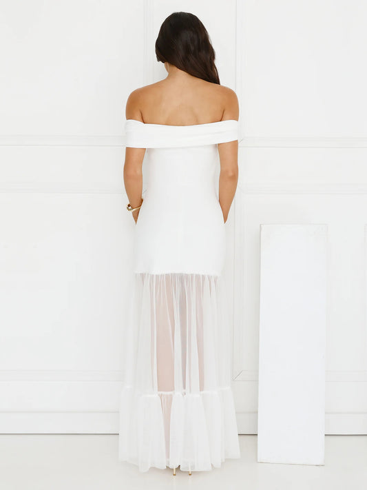 White sheath maxi formal dress with sheath, full-length back view