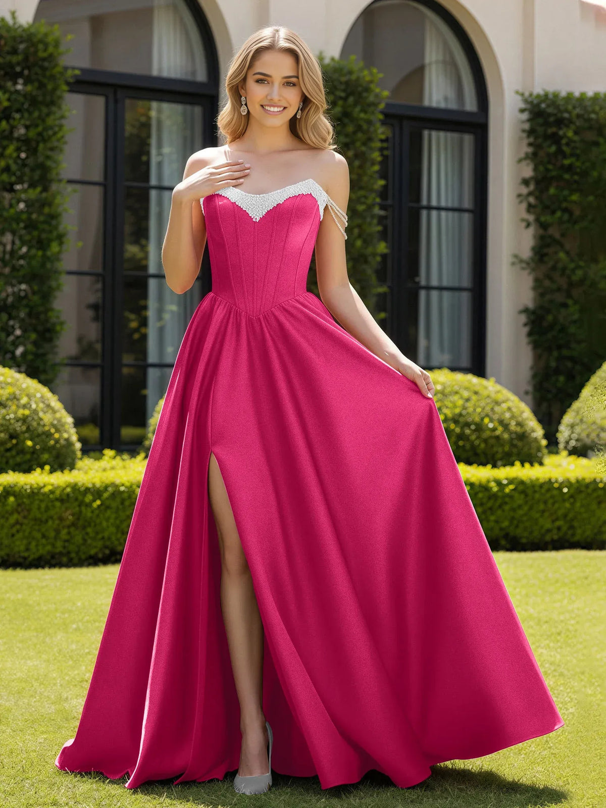 Hot Pink floor-length prom dress, alternate view showing the bodice and skirt