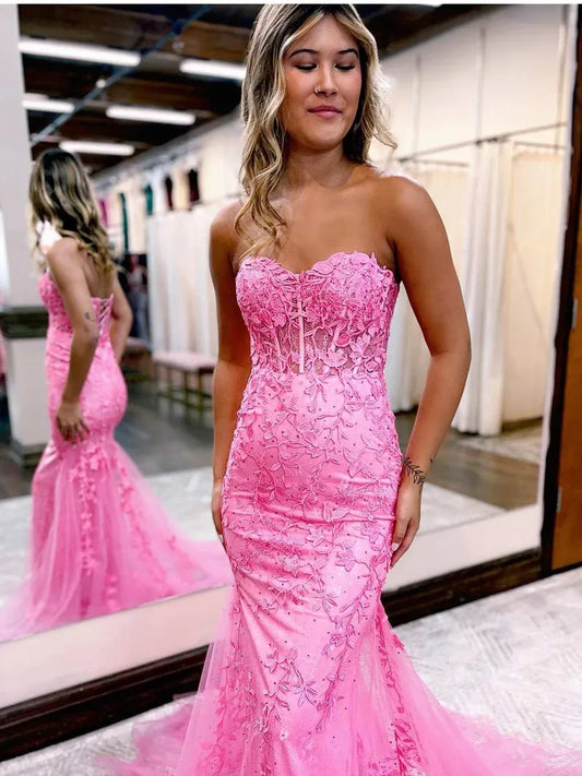 Hot Pink maxi prom dress, alternate view showing the bodice and skirt