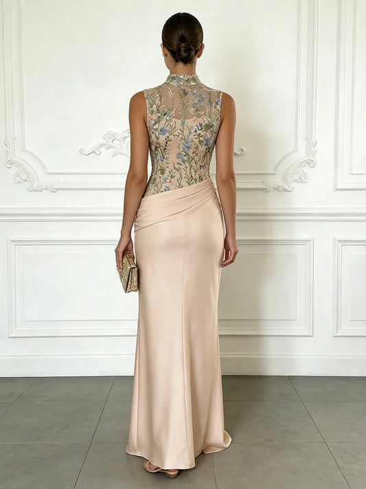 Champagne floor-length mother of the bride dress, alternate view showing the bodice and skirt
