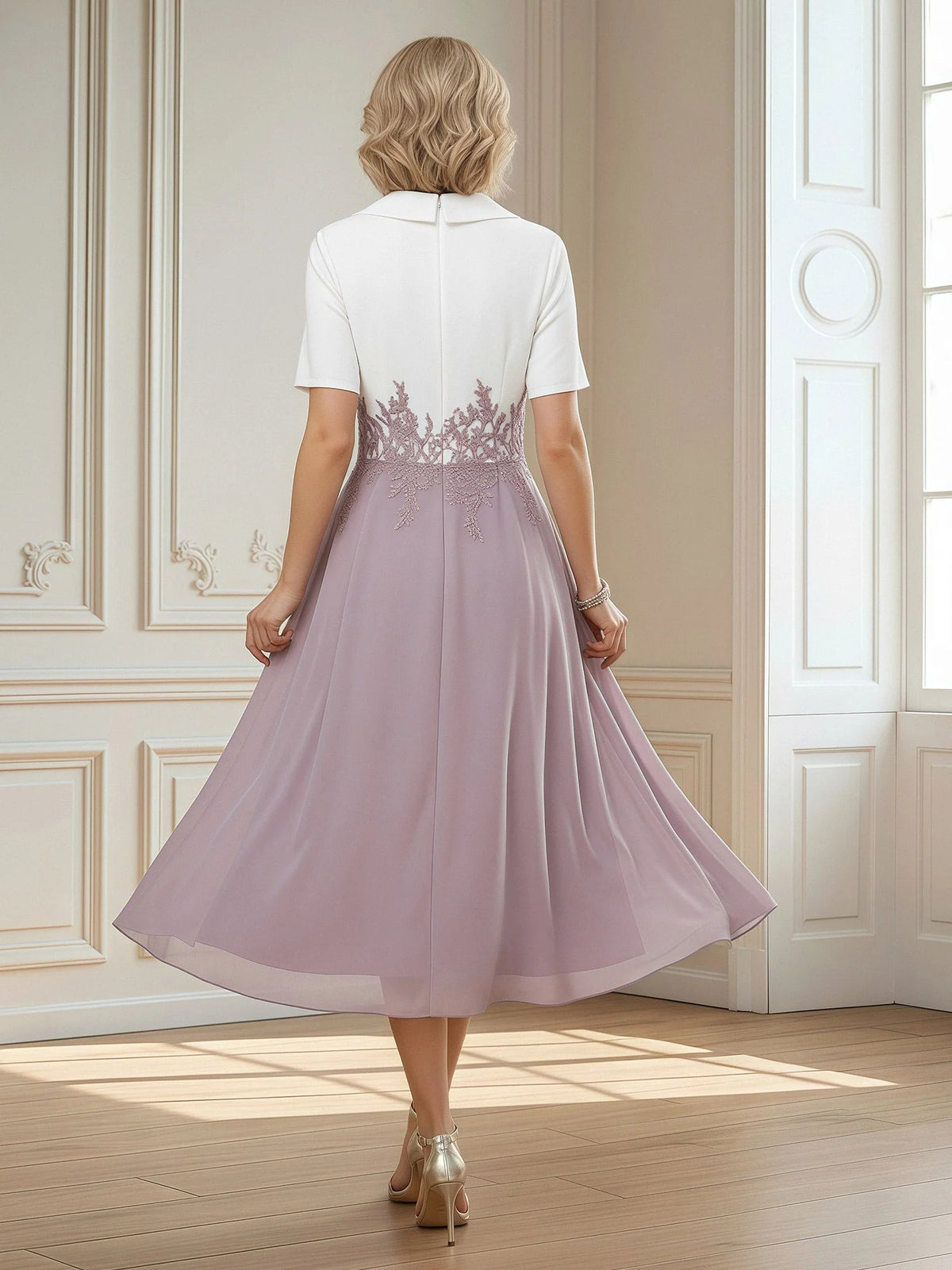 Dusk short mother of the bride dress, alternate view showing the bodice and skirt