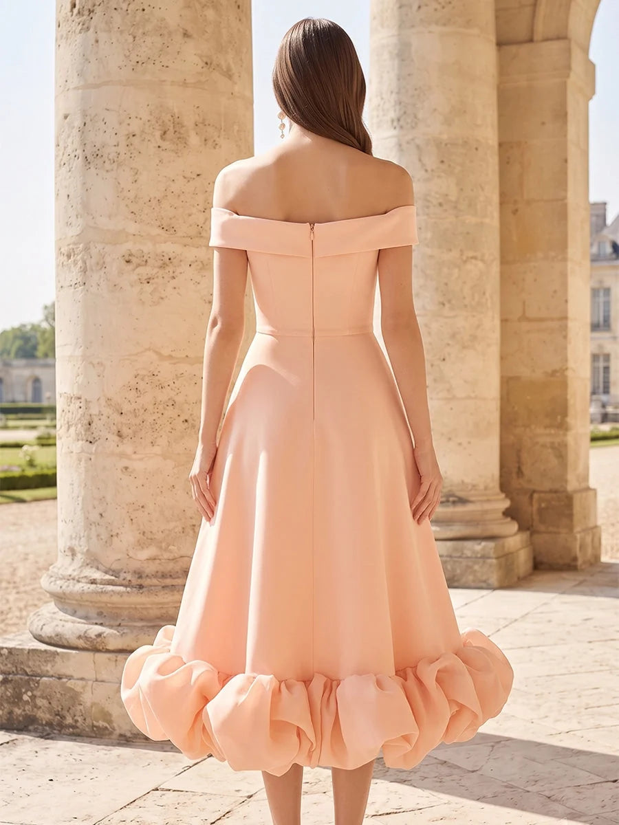 Pearl Pink midi bridesmaid dress, alternate view showing the bodice and skirt