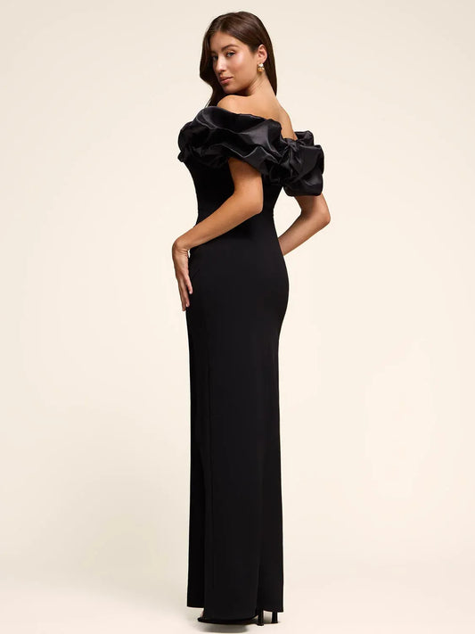 Black mermaid floor-length formal dress with skirt slit, alternate view
