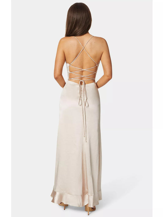 Cream sheath floor-length formal dress with skirt slit, alternate view