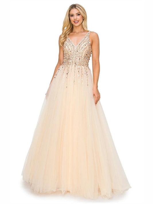 Champagne a-line floor-length formal dress with beading, alternate view