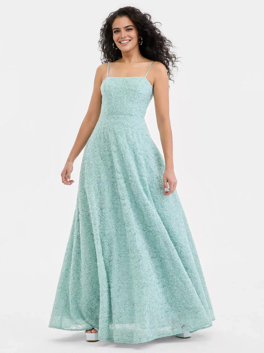Mint Green maxi prom dress, alternate view showing the bodice and skirt