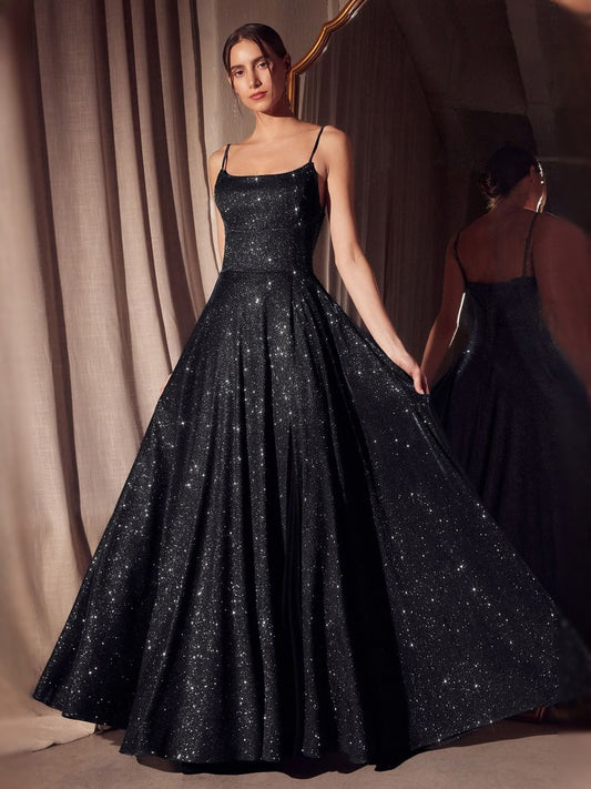 Black floor-length prom dress, back view showing the rear of the dress