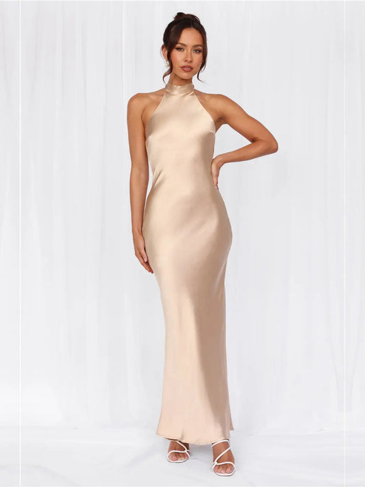 Champagne sheath maxi formal dress with halter neckline, alternate view