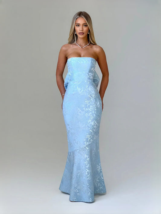 Blue maxi prom dress, alternate view showing the bodice and skirt