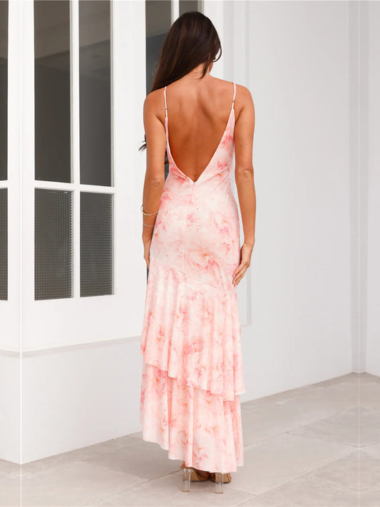Pink sheath maxi formal dress with floral print, full-length back view