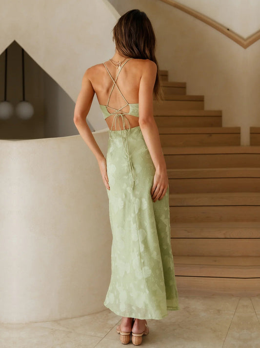 Sage sheath midi formal dress with floral print, full-length back view