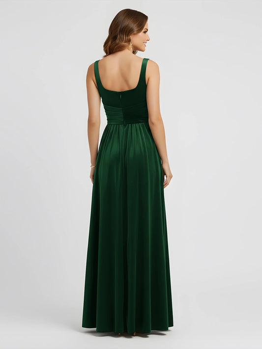 Dark Green a-line floor-length formal dress with skirt slit, alternate view