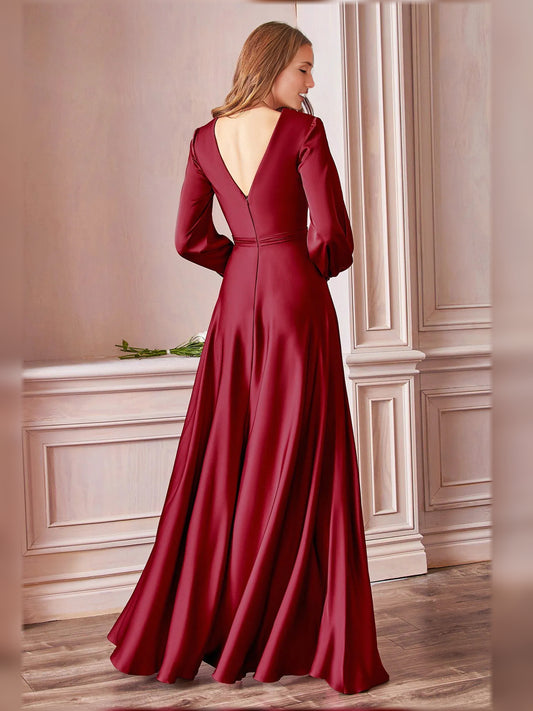 Nude a-line floor-length formal dress with skirt slit, alternate view