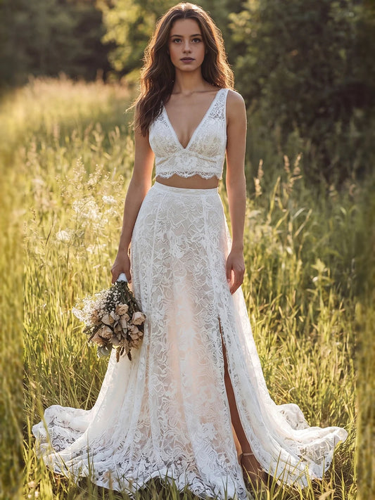 Ivory floor-length wedding dress, alternate view showing the bodice and skirt