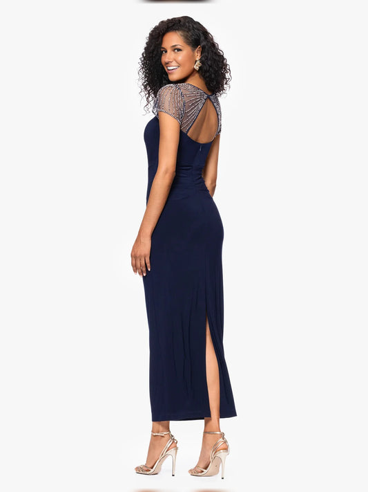 Dark Navy maxi mother of the bride dress, alternate view showing the bodice and skirt