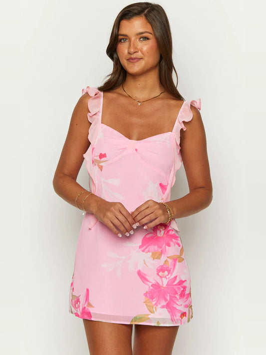 Pink Floral mini homecoming dress, alternate view showing the bodice and skirt