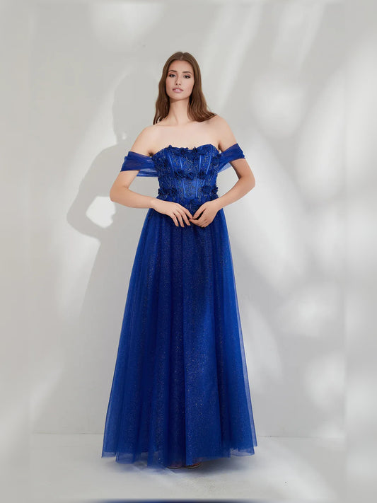 Dark Blue a-line floor-length formal dress with corset-style bodice, alternate view
