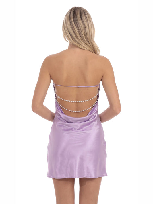 Lavender mini homecoming dress, alternate view showing the bodice and skirt