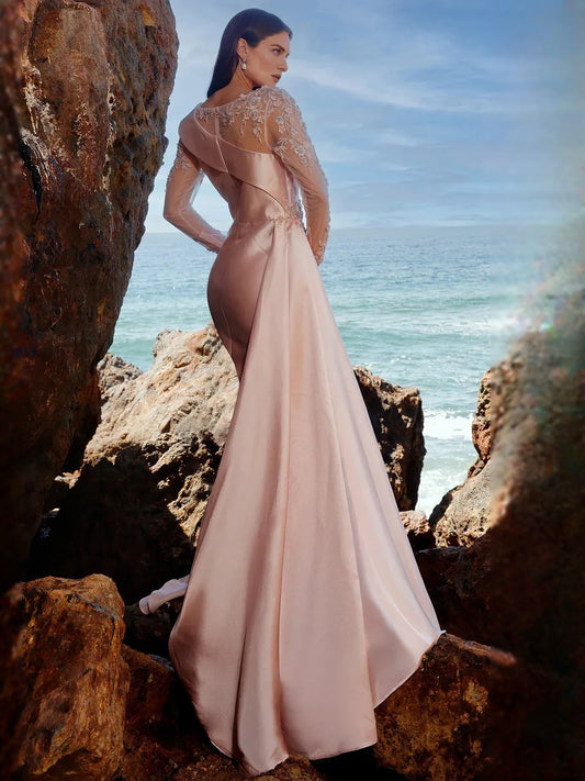 Blush Pink floor-length mother of the bride dress, alternate view showing the bodice and skirt