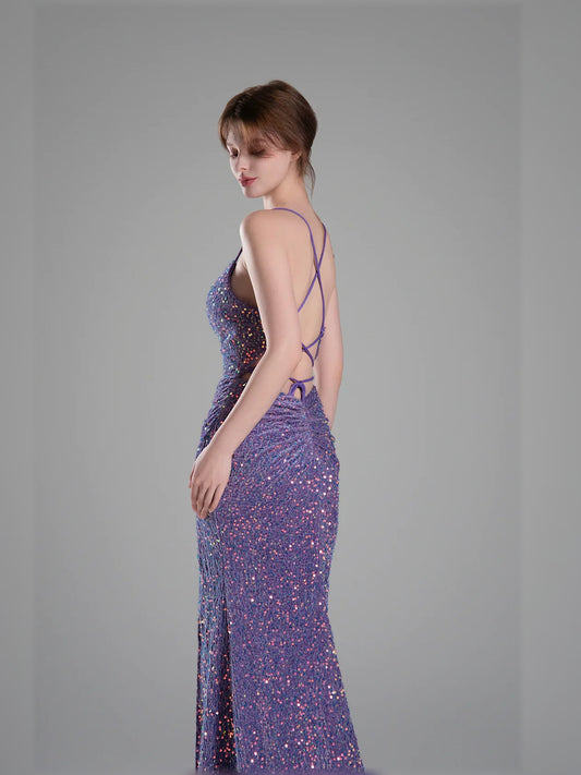 Lilac mermaid floor-length formal dress with sequins, alternate view