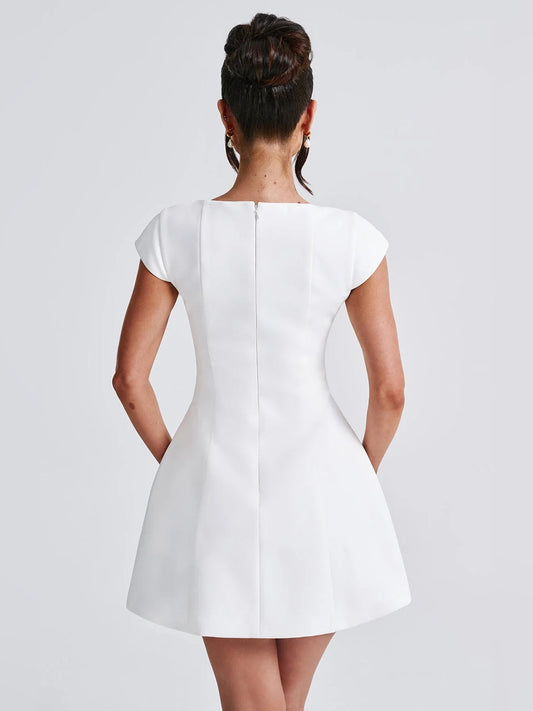 Ivory mini homecoming dress, alternate view showing the bodice and skirt