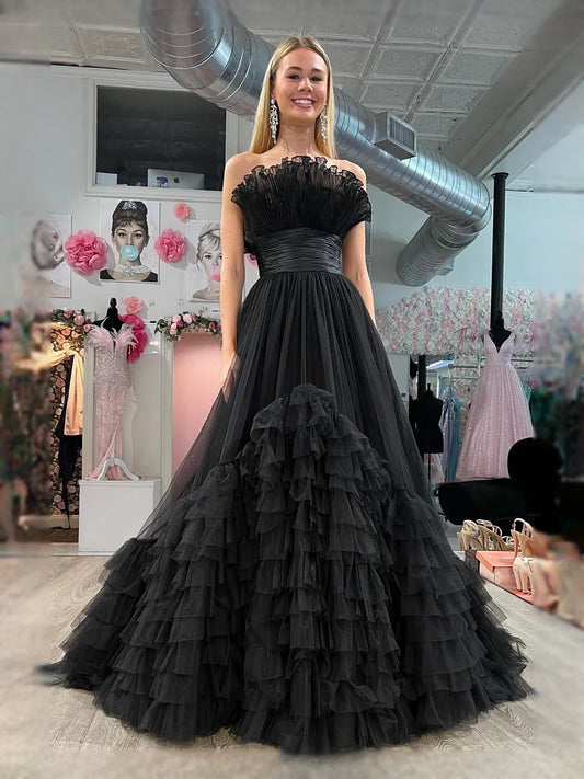 Black maxi prom dress, alternate view showing the bodice and skirt